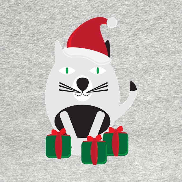 White Black Cartoon Cat with Santa Hat and Green Red Gifts by sigdesign